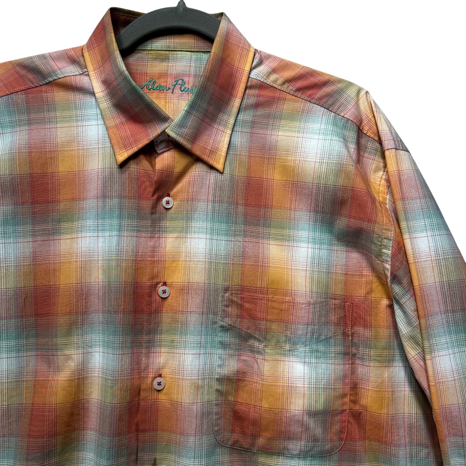 Alan Flusser Button Down Shirt Mens L Orange Plaid Coastal Grandma Preppy